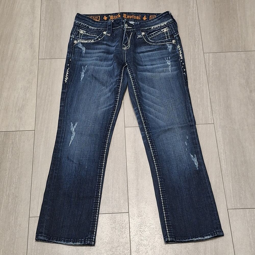 Rock Revival Jeans Women's 27 X 25 Blue Stephanie Easy Flap Pocket Rhinestones